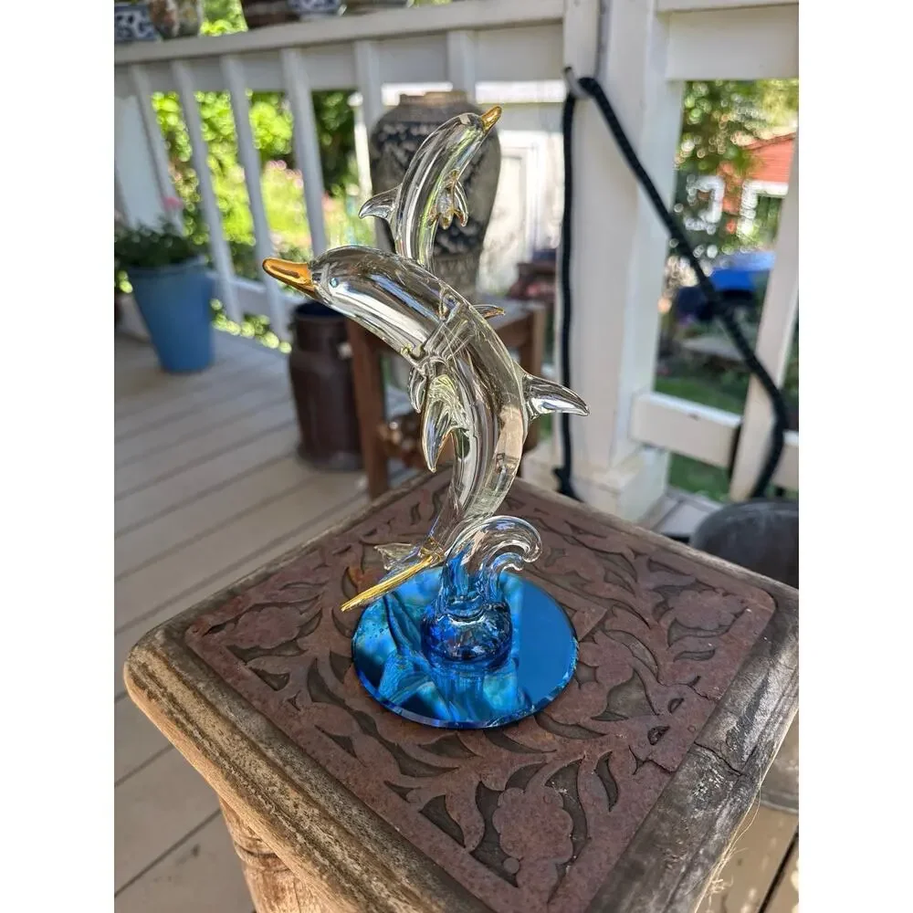 Vintage Blown Glass Leaping Dolphins Figurine 24K Gold Trim Blue Mirror Base